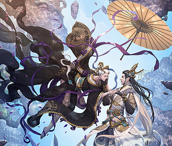 Fantasy couple by Liuyuan Lange, blue, umbrella, man, parasol, girl, wind, fantasy, lange, couple, luminos HD wallpaper