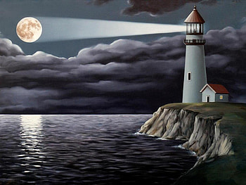Touching_the_impossible, clouds, lighthouse, moon, water HD wallpaper