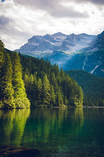 Peaceful alpine landscape featuring a serene lake with mountain and forest reflections. HD phone wallpaper