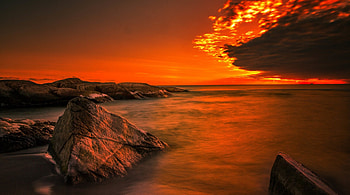 Sunset, horizon, nature, rocks, ocean, beach HD wallpaper