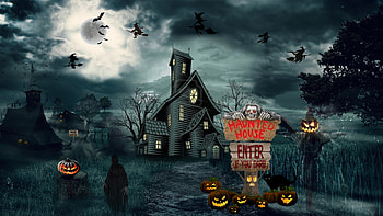 Enter The Haunted House...If You Dare, haunted, house, pumpkins, halloween, ghost, witches, jack o lantern HD wallpaper