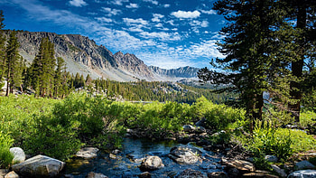 Purple lake inlet, John Muir Trail, usa, california, trees, clouds, sierra nevada, sky, mountains HD wallpaper