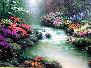 fantasy garden, river, painting, fantasy, garden, flowers, stream HD wallpaper