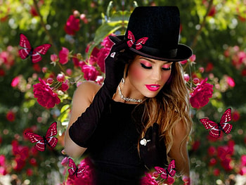 Delicate Hot Pink, hat, colorful, black, vibrant, girl, hot pink, butterflies, pink, vivid, green, bright, bold, flowers HD wallpaper