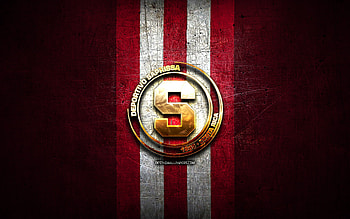 Deportivo Saprissa FC, golden logo, Liga FPD, purple metal background, football, Costa Rican football club, Deportivo Saprissa logo, soccer, Costa Rica Primera Division, Deportivo Saprissa HD wallpaper