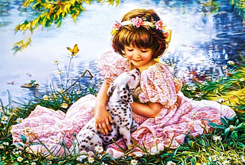 Puppy Love, dog, artwork, painting, flowers, girl HD wallpaper