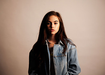 Jeans jacket, brunette, woman HD wallpaper