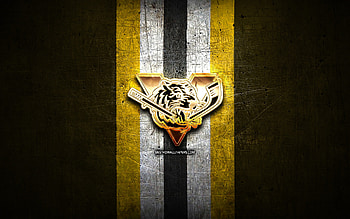 Victoriaville Tigres, golden logo, QMJHL, yellow metal background, canadian hockey team, Victoriaville Tigres logo, hockey HD wallpaper
