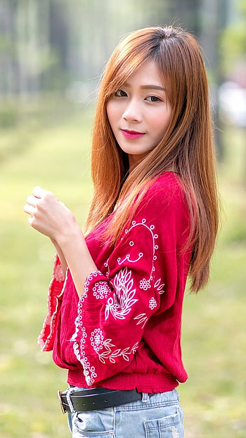 Crimson Cascade — Asian Redhead Model , long hair, redhead, model, woman, asian HD phone wallpaper