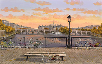 Paris Scenery, island, river, buildings, bicycles, painting, bridge, seine, lantern HD wallpaper