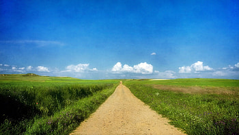 road, grass, summer, sun, sky, clouds HD wallpaper