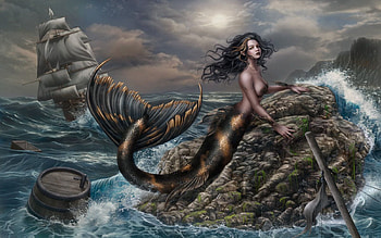 The call of the storm, rocks, artwork, sea, digital, mermaid, ship, waves HD wallpaper