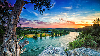 Sunset at the river, town, clouds, landscape, trees, sky, water, sunset, colors, rocks, buildings HD wallpaper