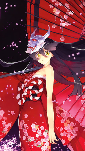 blush, long hair, yellow eyes, cherry blossom, mask, kimono, Anime, Original HD phone wallpaper