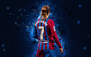 Antoine Griezmann, 2021, back view, Barcelona FC, french footballers, LaLiga, Barca, football, blue neon lights, soccer, La Liga, FCB, Antoine Griezmann , Antoine Griezmann Barcelona HD wallpaper