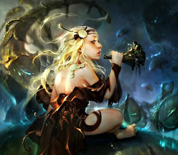 Lolisinger, blue, art, girl, woman, zinnaDu, fantasy, yellow, game, legend of the cryptids HD wallpaper