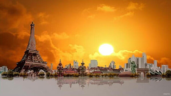 all the monuments of the world in one , tower, Sydney, Opera, Eiffel, Paris, dom, sunset, statue HD wallpaper