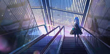 Hatsune Miku Escalator, hatsune-miku, vocaloid, anime, anime-girl, artist, artwork, digital-art HD wallpaper