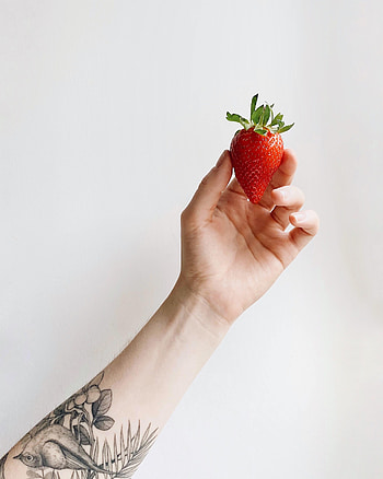 Food, Strawberry, Hand, Tattoo HD phone wallpaper