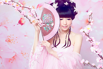 Beauty, model, asian, girl, oriental, fan, woman, pink, hand fan, flower, sakura HD wallpaper