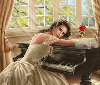 Forgotten Memories, white, art, girl, dress, rose, instrument, fantasy, piano, crystal rain, red, flower, luminos HD wallpaper