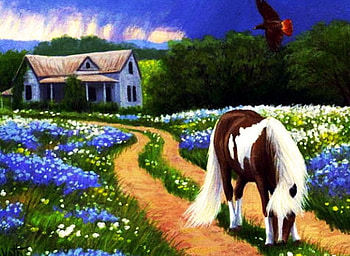 Horse and Flowers, landscape, artwork, painting, house HD wallpaper