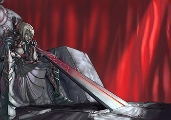 Saber Alter, fsn, yellow eyes, sword, armour, throne, fate stay night, weapons, saber, sitting, anime, cool, blonde hair, red background HD wallpaper