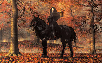 The Lady of Halloween, enchanting, lady, brown, fantasy, hirse, autumn, trees, Halloween, lantern, forest HD wallpaper