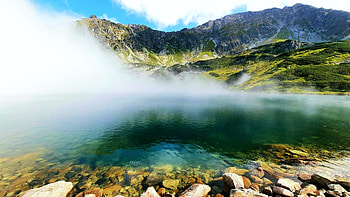 Fog over the Five Polish Ponds Valley, Tatra mountains, Poland, trees, landscape, sky, rocks HD wallpaper