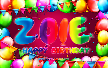 Happy Birtay Zoie, , colorful balloon frame, Zoie name, purple background, Zoie Happy Birtay, Zoie Birtay, popular american female names, Birtay concept, Zoie HD wallpaper
