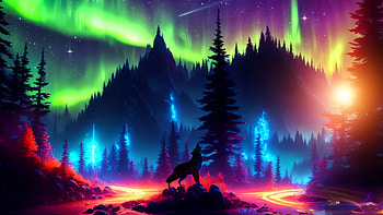 Enchanted forest, colors, aurora borealis, landscape, wolf, forest, fantasy, nature, fantasy landscape HD wallpaper