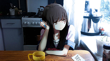 Kitchen, anime girl, thinking HD wallpaper