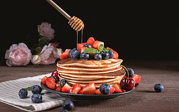 Pancakes, fruit, breakfast, food HD wallpaper