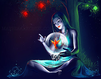 art water, night, magic, bird, 3d, fantasy, girl, dark HD wallpaper