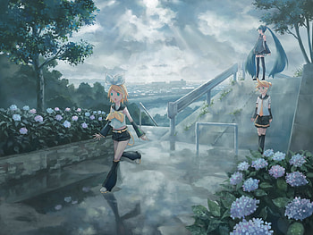 Hatsune Miku, Kagamine Rin, and Kagamine Len, cloudy, vocaloids, anime, hatsune miku, kagamine rin, flowers, kagamine len HD wallpaper