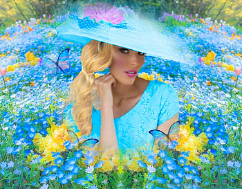 Heavenly Blue, dress, hat, colorful, blue, vibrant, butterflies, pink, vivid, green, yellow, bright, bold, flowers HD wallpaper