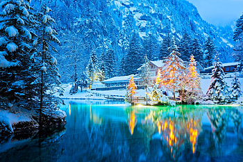 Nature park, Winter, Art, Snow, Cottages, Trees, Lake HD wallpaper