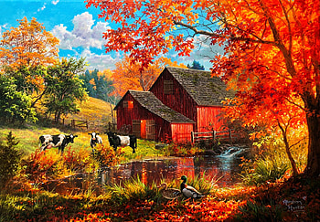Life on the Farm, artwork, ducks, barn, creek, cows, painting, trees, autumn HD wallpaper