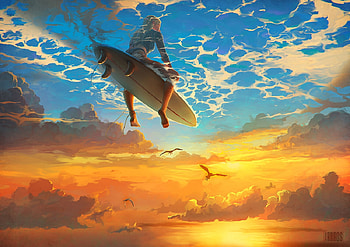 Beautiful world, blue, view from down, surf, artem chebokha, cloud, vara, sunset, frumusete, bird, art, girl, up, orange, summer, fantasy, sky, luminos HD wallpaper