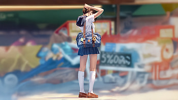 School Girl On Walking Streets Tying Hair, anime-girl, street, graffiti, artist, artwork, art, digital-art, deviantart HD wallpaper