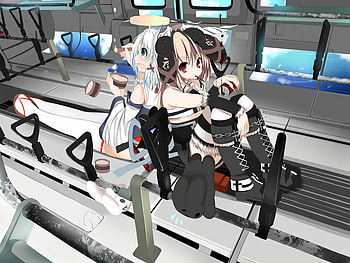 lone travel, blue eyes, 2 girls, cute, red eyes, food, casual, teddy, white hair, girls, sky HD wallpaper
