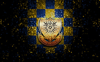 Tochigi SC, glitter logo, J2 League, yellow blue checkered background, soccer, japanese football club, Tochigi SC logo, mosaic art, football, Tochigi FC HD wallpaper