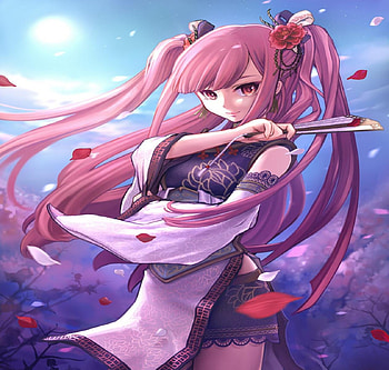 Shuuki, orginal, kimono, ninja, girl, long hair, oriental, fan HD wallpaper