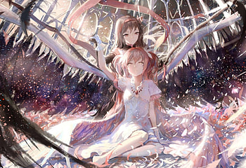 Akemi Homura & Kaname Madoka, black, feathers, womanf, cute, blak hair, angel, long hair, dress, beauty, lady, female, friends, wings, soft, girl, beautiful, pink hair, anime girl, anime, lovely HD wallpaper