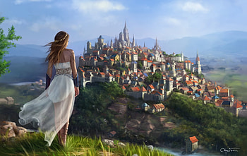 Kalista, jorsch, fantasy, art, dennis frohlich, girl, castle HD wallpaper