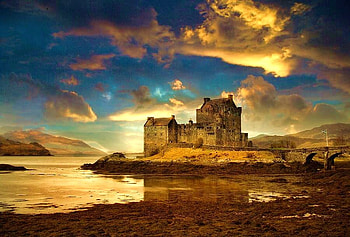Scottish castle, golden colors, scotland, reflections, blue sky, rock castle, eilan castle, clouds, trees, water, sunset HD wallpaper