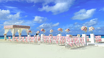 Beautiful beach wedding setup with floral decorations under a vibrant blue sky on a sunny day. HD wallpaper