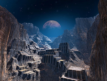alien canyon, stars, blue haze, moon, rock formations HD wallpaper
