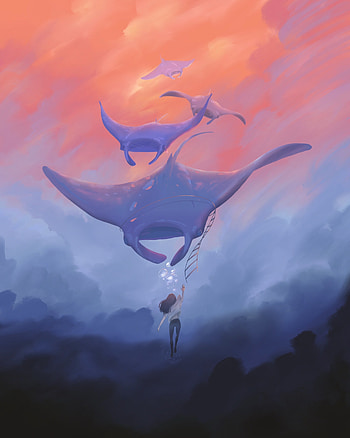 Art, Clouds, Girl, Illusion, Slabs, Stingrays HD phone wallpaper