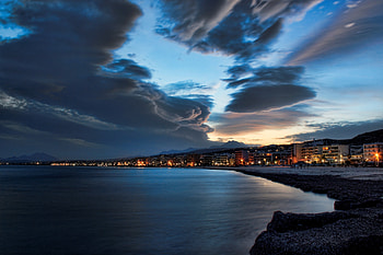 Cities, Sky, Sea, Beach, City, Evening HD wallpaper